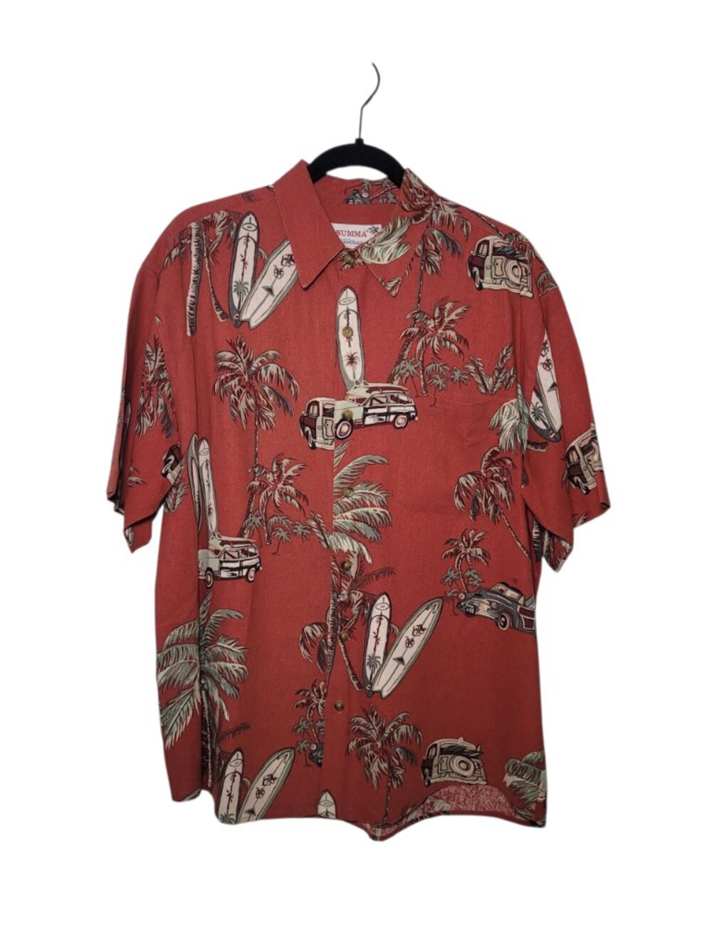 Summa Red Hawaiian Silk Blend Shirt Surfboard Woody Wagon Print Mens Large - Picture 2 of 9